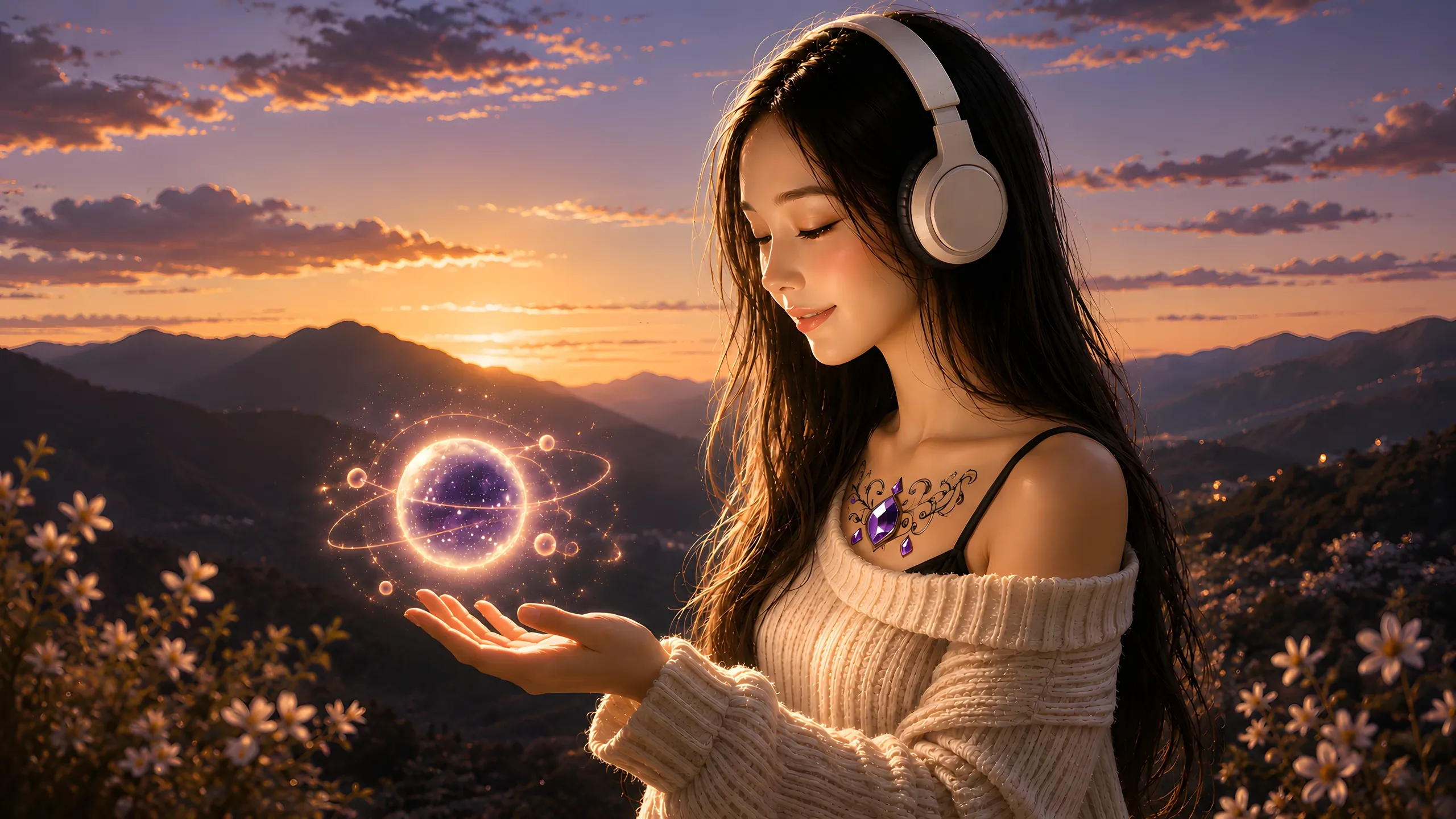 Illustrated portrait of Rika at dusk, a glowing orb ringed by a tiny orrery floating over her palm
